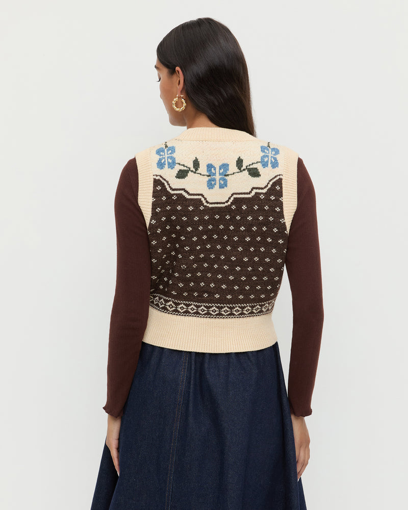 Heather Sweater Vest in Brown and Cream Floral wool, Lolo Pointelle Long Sleeve in brown espresso, and Ruthie Denim Skirt in dark blue.