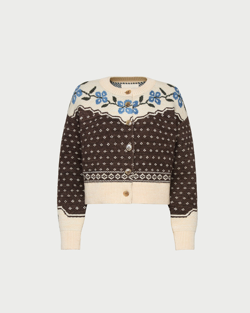 Idris Intarsia Cardigan in Brown and Cream Floral wool.