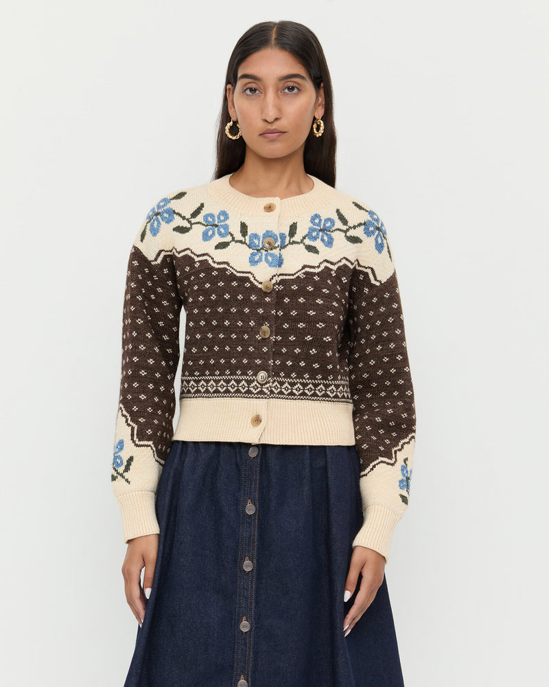 Idris Intarsia Cardigan in Brown and Cream Floral wool and Ruthie Denim Skirt in dark blue denim.