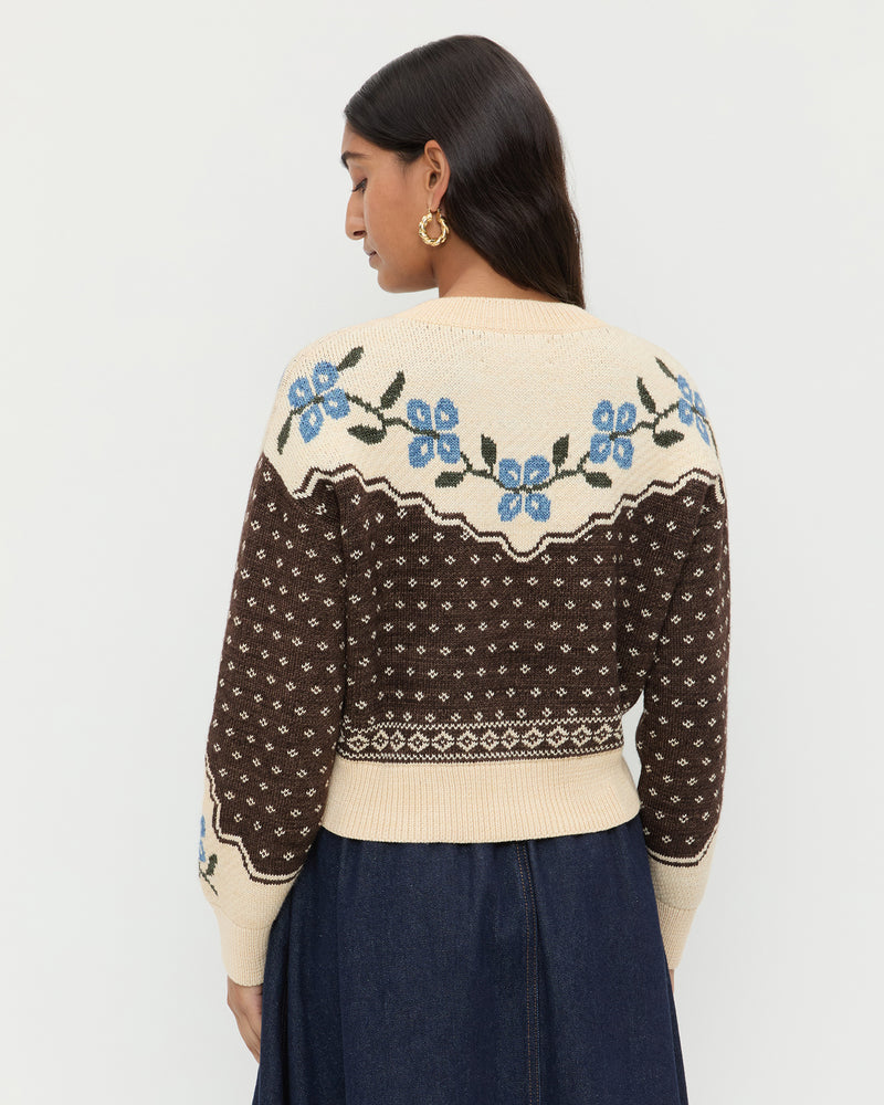 Idris Intarsia Cardigan in Brown and Cream Floral wool and Ruthie Denim Skirt in dark blue denim.