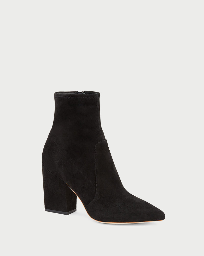 Isla Black Suede Ankle Bootie in black suede.