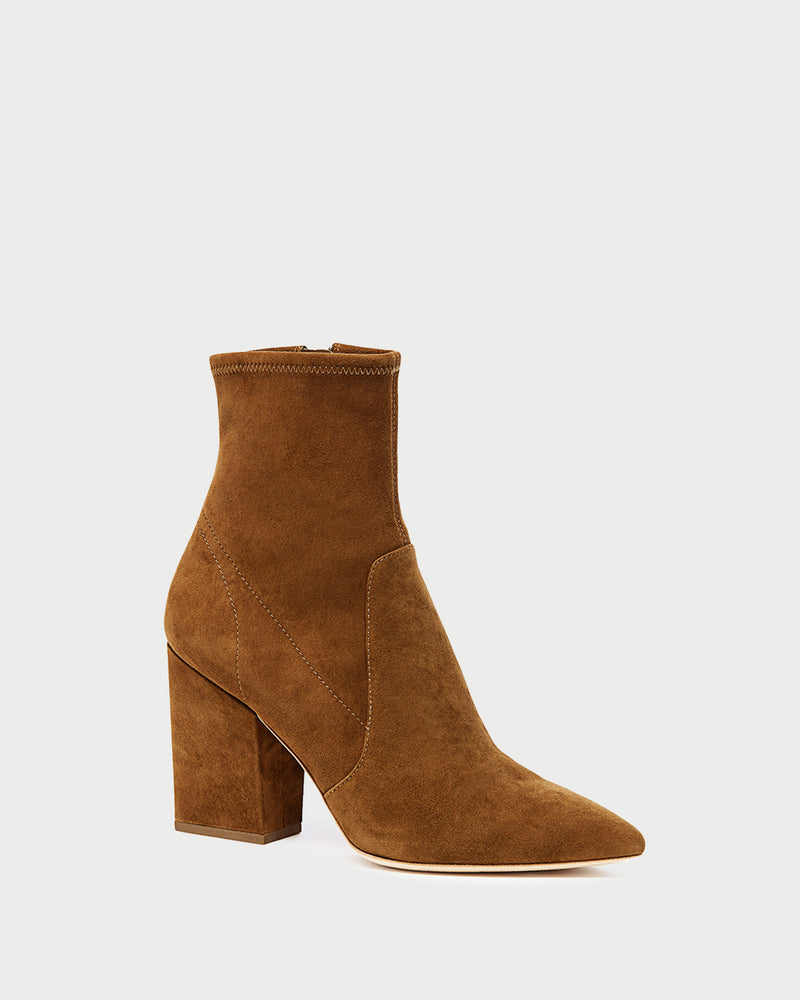 Isla Cacao Suede Ankle Bootie in cacao brown suede.