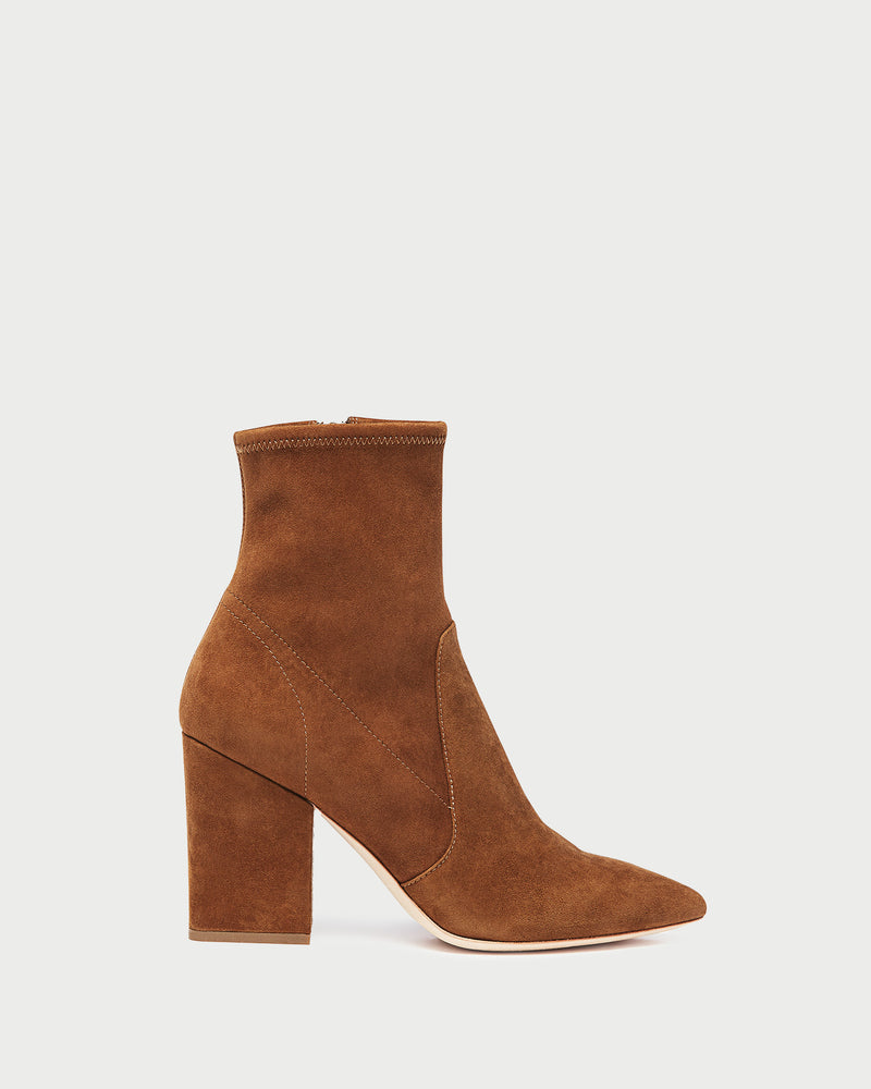 Isla Cacao Suede Ankle Bootie in cacao brown suede.