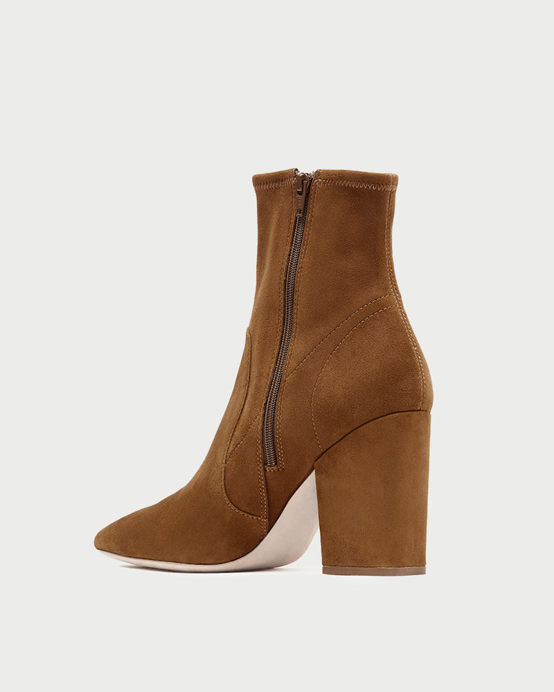 Isla Cacao Suede Ankle Bootie in cacao brown suede.