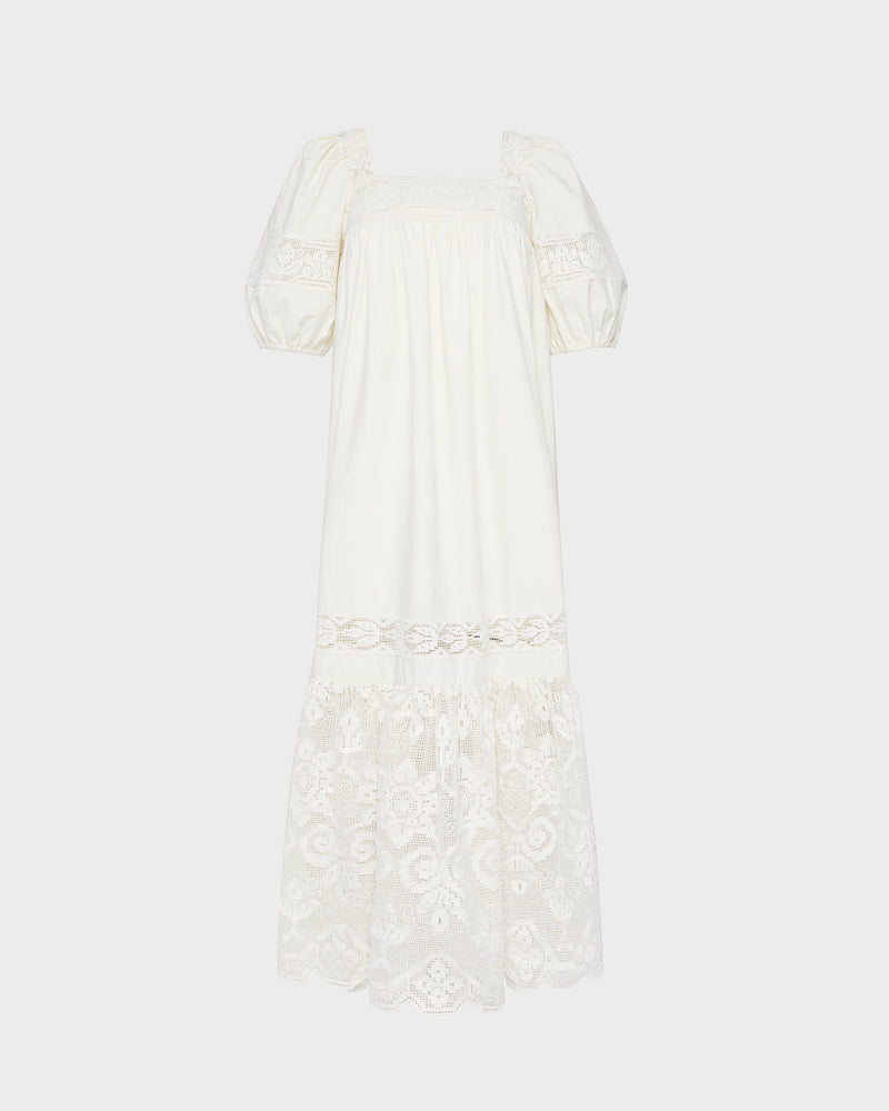 Jo Puff-Sleeve Dress in cream cotton.