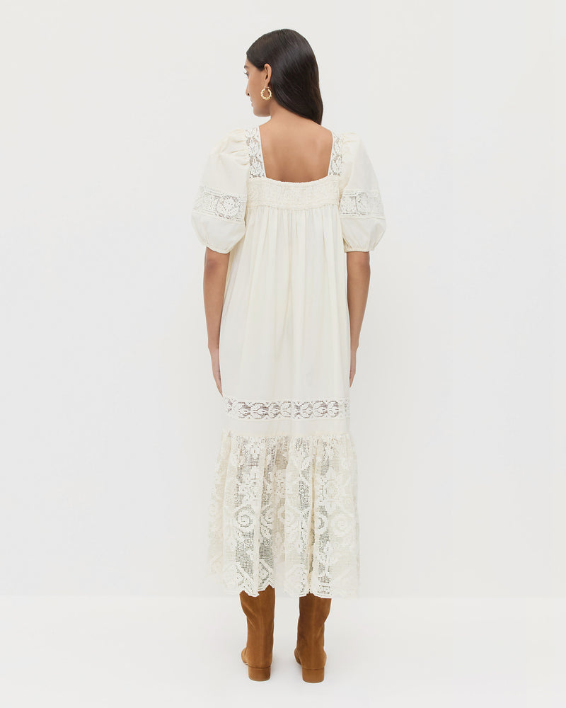 Jo Puff-Sleeve Dress in cream cotton and Indy Cacao Suede Tall Boot.