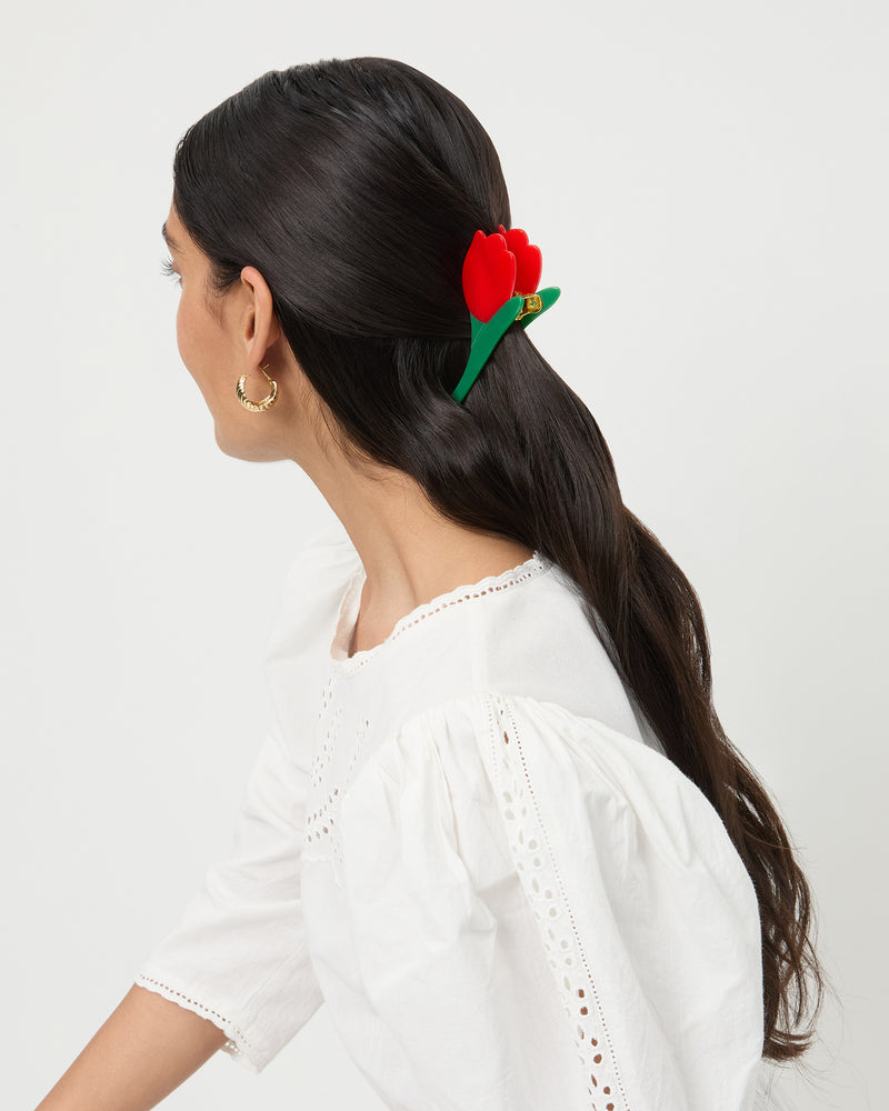 Juniper Red/Pink Tulip Clip Set in red and pink resin and Thelma Eyelet Dress in white cotton.