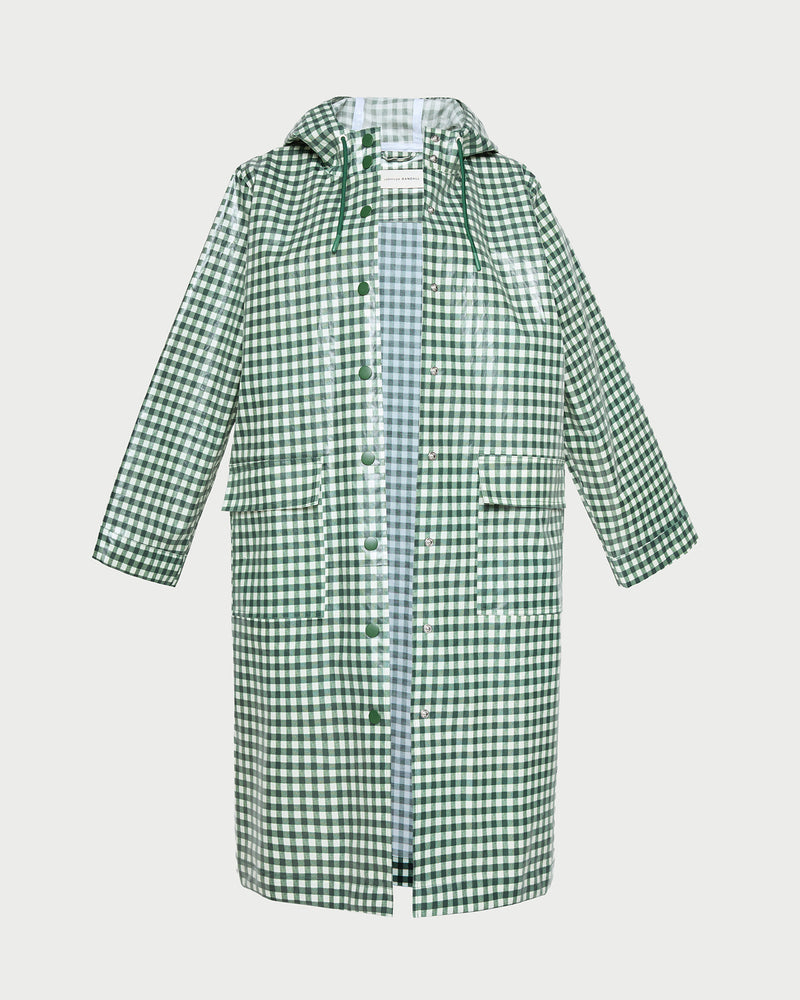 Kat Rain Coat in Evergreen Gingham coated poplin.