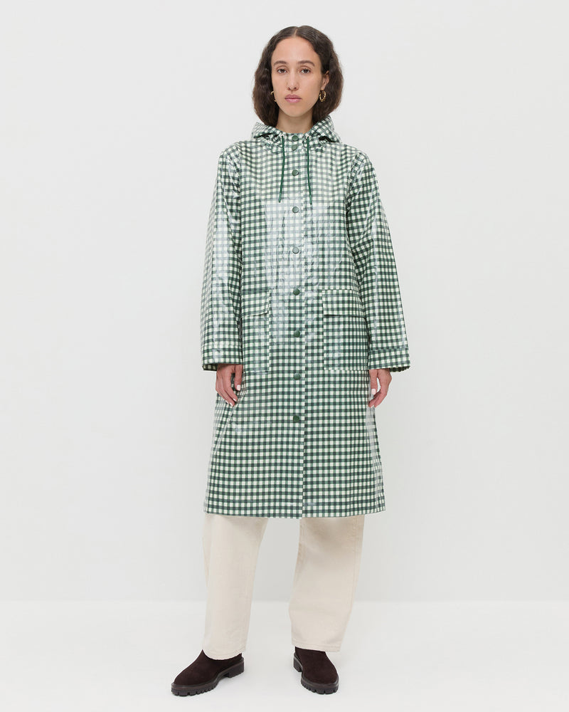 Kat Rain Coat in Evergreen Gingham coated poplin, Winona Denim Barrel Pant in natural, and Danny Brown Suede Ankle Boot.