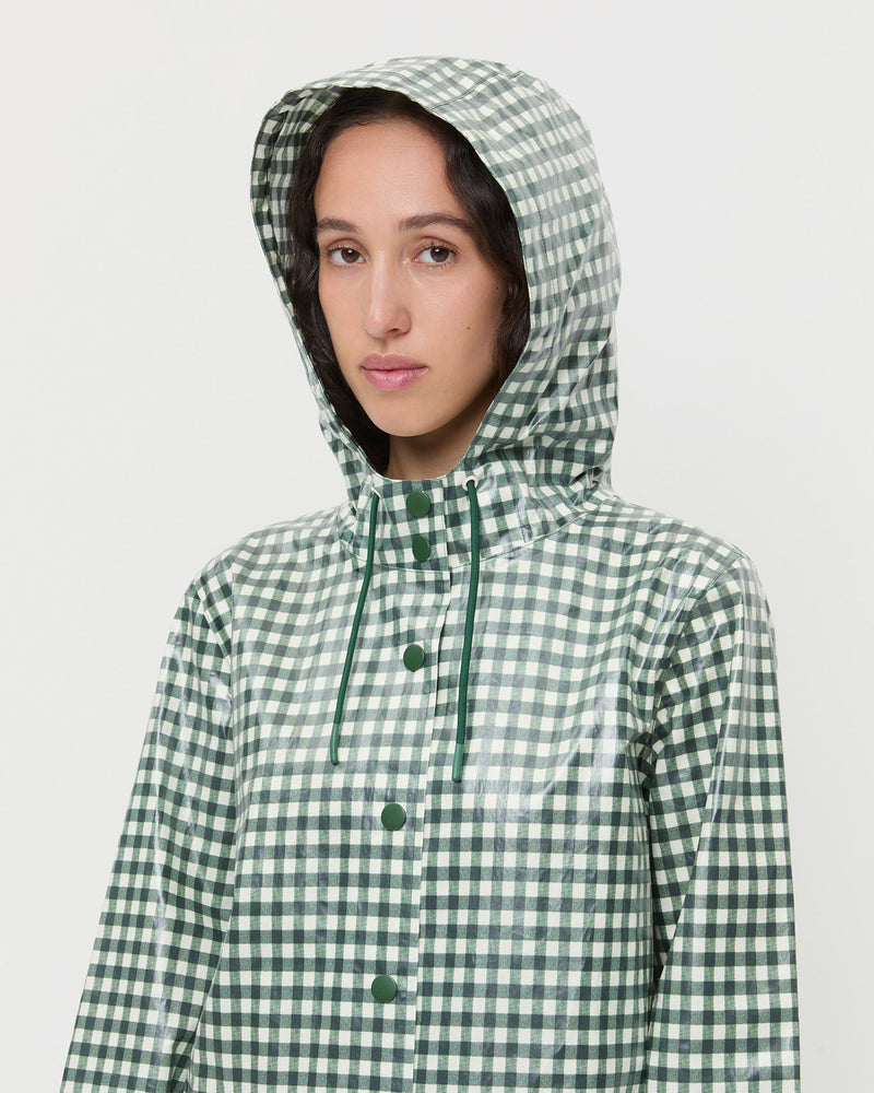 Kat Rain Coat in Evergreen Gingham coated poplin, Winona Denim Barrel Pant in natural, and Danny Brown Suede Ankle Boot.