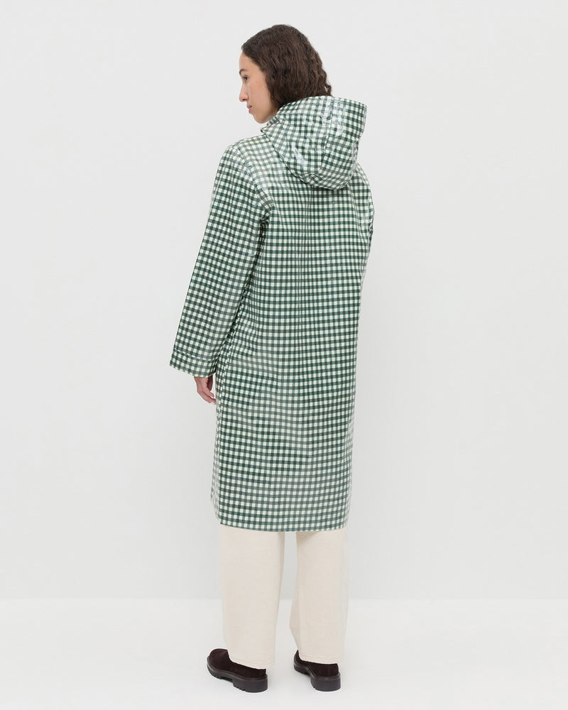 Kat Rain Coat in Evergreen Gingham coated poplin, Winona Denim Barrel Pant in natural, and Danny Brown Suede Ankle Boot.