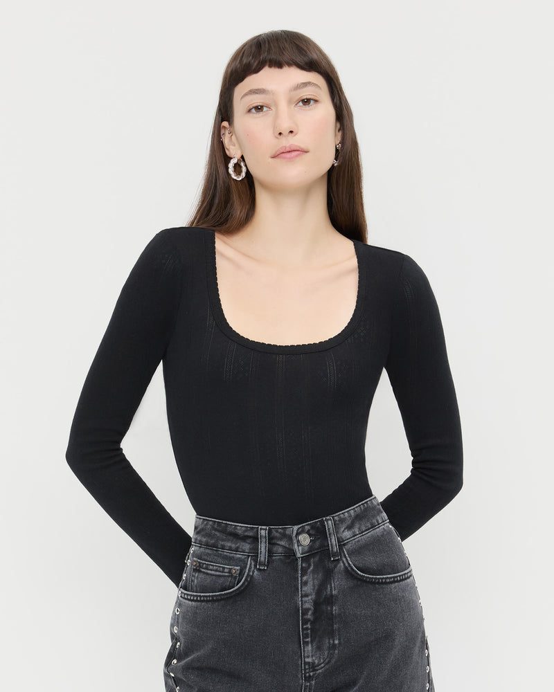 Kaya Pointelle Long-Sleeve Bodysuit in black and Winona Denim Barrel Pant in washed black.