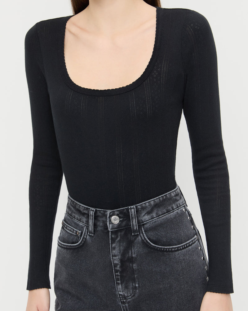 Kaya Pointelle Long-Sleeve Bodysuit in black and Winona Denim Barrel Pant in washed black.