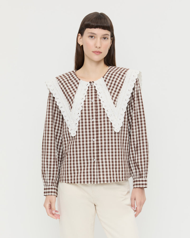 Ken Shirt in brown and cream gingham cotton and Winona Denim Pant in natural denim.