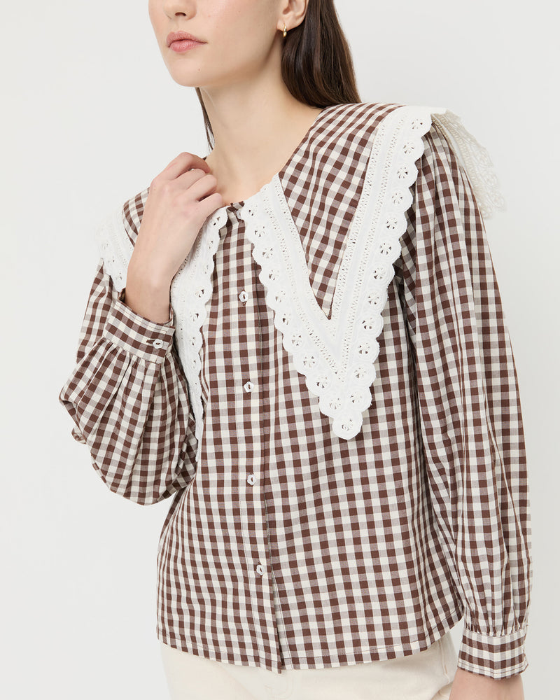 Ken Shirt in brown and cream gingham cotton and Winona Denim Pant in natural denim.