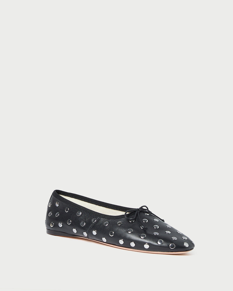Landon Black/Silver Ballet Flat in black leather and silver stud accents.