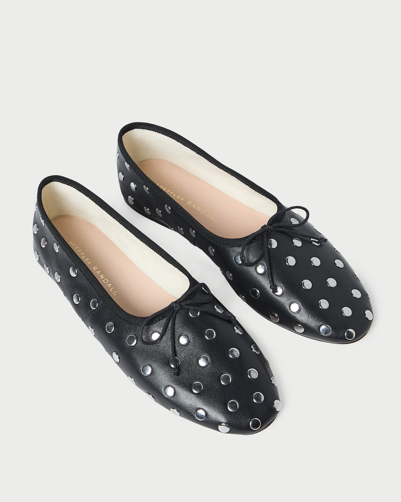 Landon Black/Silver Ballet Flat in black leather and silver stud accents.