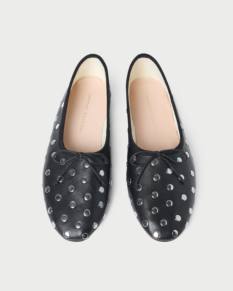Landon Black/Silver Ballet Flat in black leather and silver stud accents.