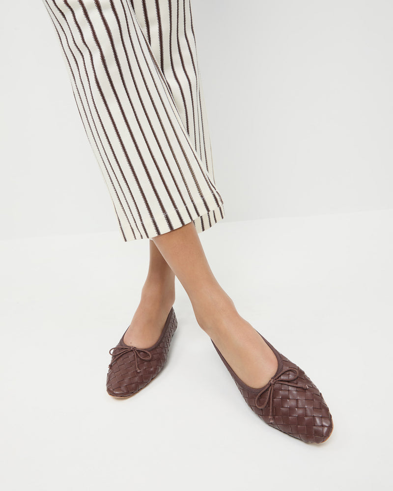 Landry Chocolate Woven Ballet Flat in chocolate brown woven leather and Alex Pant in brown and cream stripes.