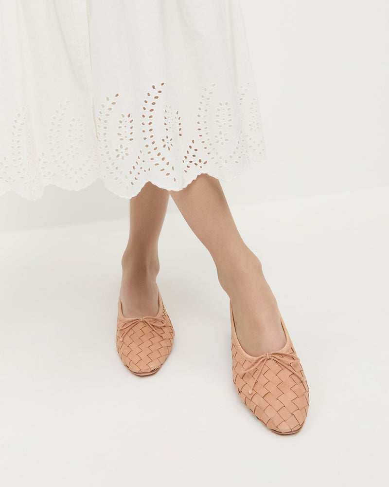 Landry Honey Woven Ballet Flat in honey tan woven leather and Thelma Eyelet Dress in white cotton.