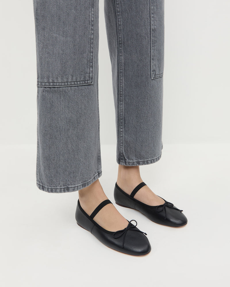 Leonie Black Leather Ballet Flat in black leather and Molly Workwear Jean in grey denim.