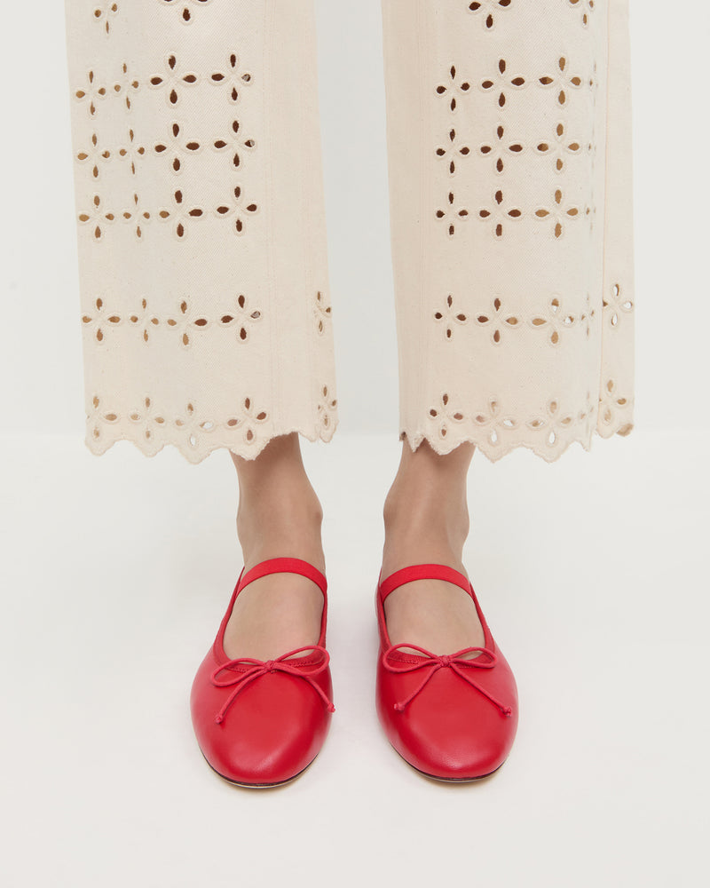 Leonie Red Leather Ballet Flat in red leather and Demi Embroidered Pant in natural denim.