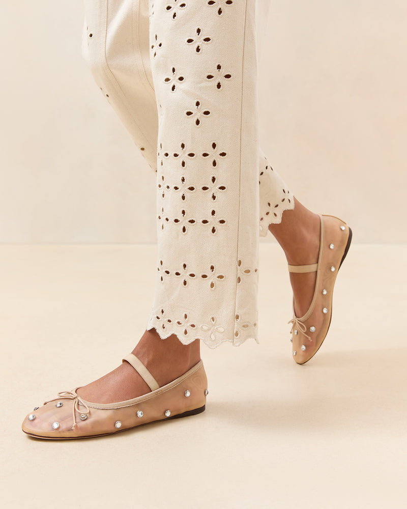 Leonie Caramel/Crystal Ballet Flat in caramel mesh with crystal accents