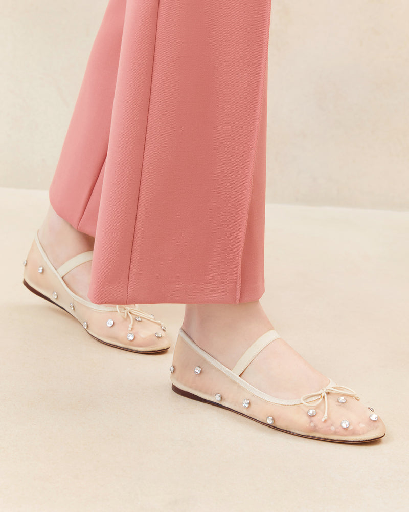 Leonie Cream/Crystal Ballet Flat in cream mesh with crystal accents