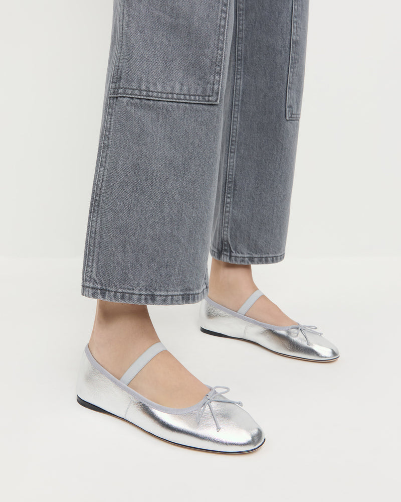 Leonie Silver Leather Ballet Flat in metallic silver leather and Molly Workwear Jean in grey denim.