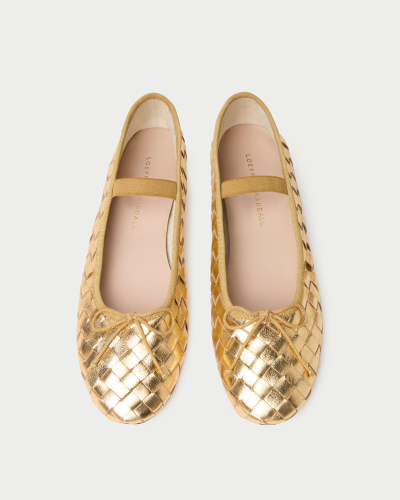 Leonie Gold Woven Ballet Flat in metallic gold woven leather.