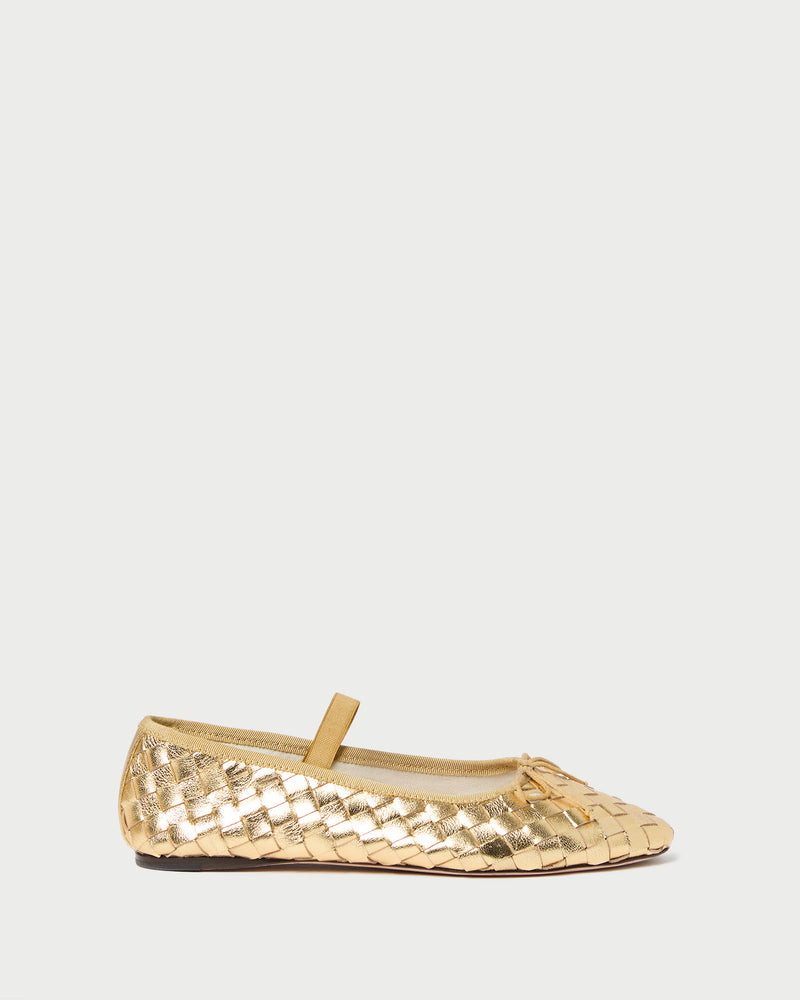 Leonie Gold Woven Ballet Flat in metallic gold woven leather.