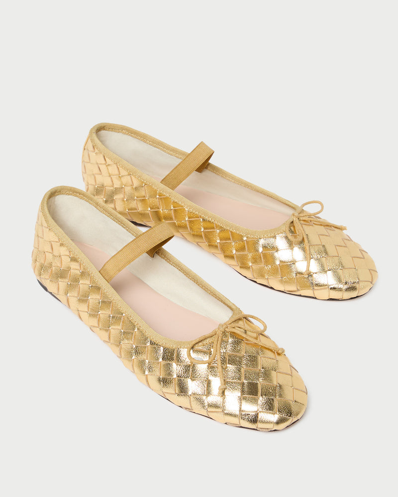 Leonie Gold Woven Ballet Flat in metallic gold woven leather.