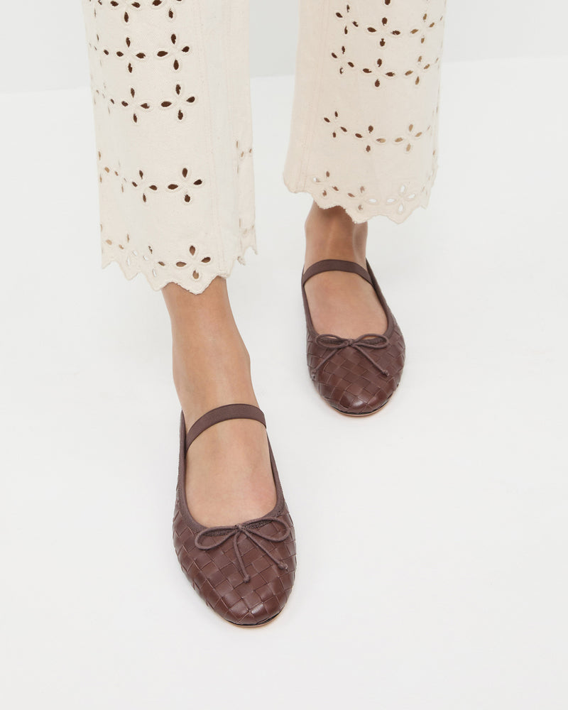 Leonie Espresso Woven Ballet Flat in espresso brown woven leather and Demi Embroidered Pant in natural denim.