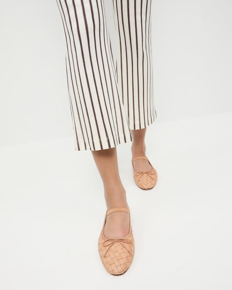 Leonie Honey Woven Ballet Flat in honey tan woven leather and Alex Pant in brown and white stripes.