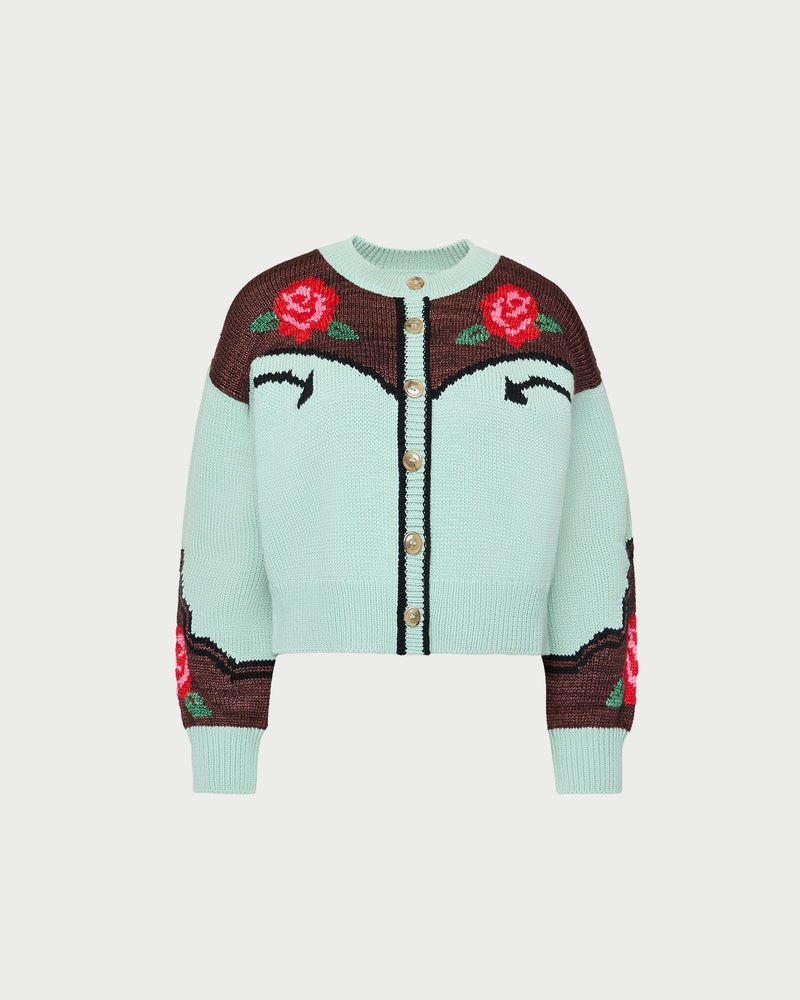 Linda Intarsia Cardigan in green and red wool.