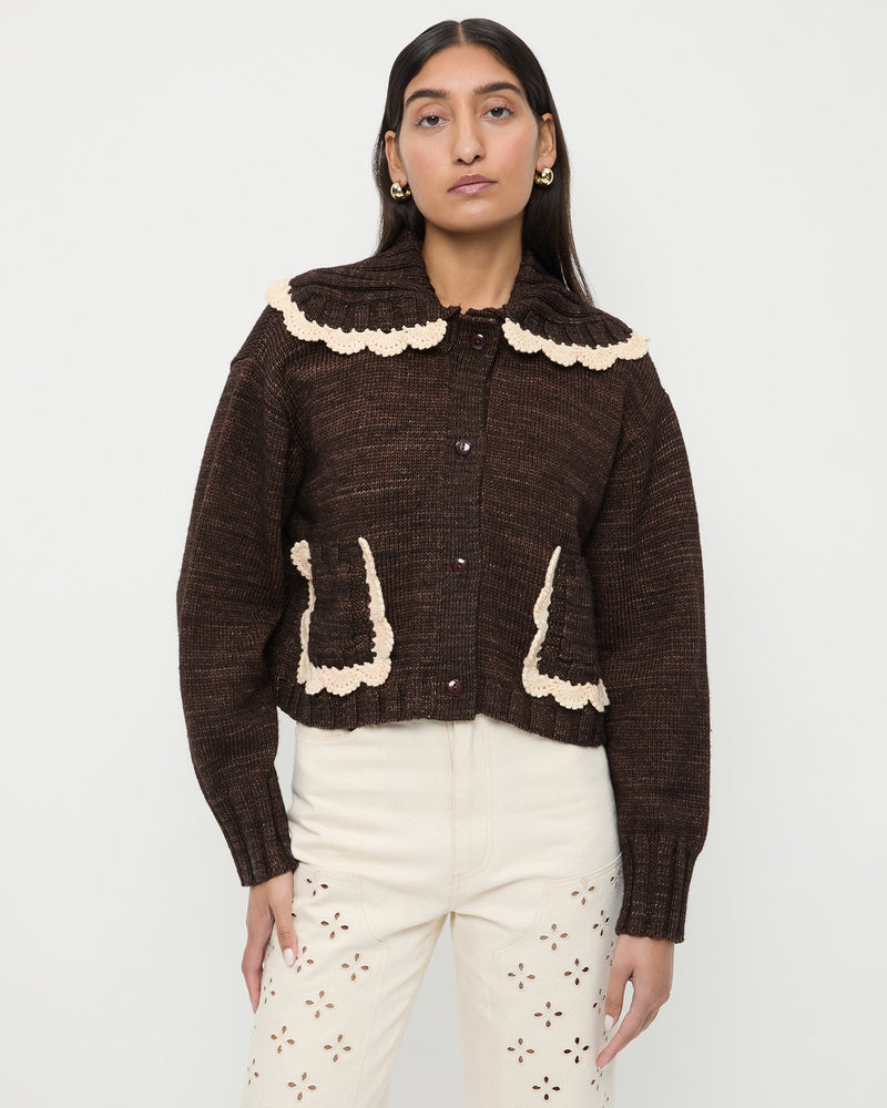 Lo Cardigan in brown and cream wool and Demi Embroidered Pant in natural denim.