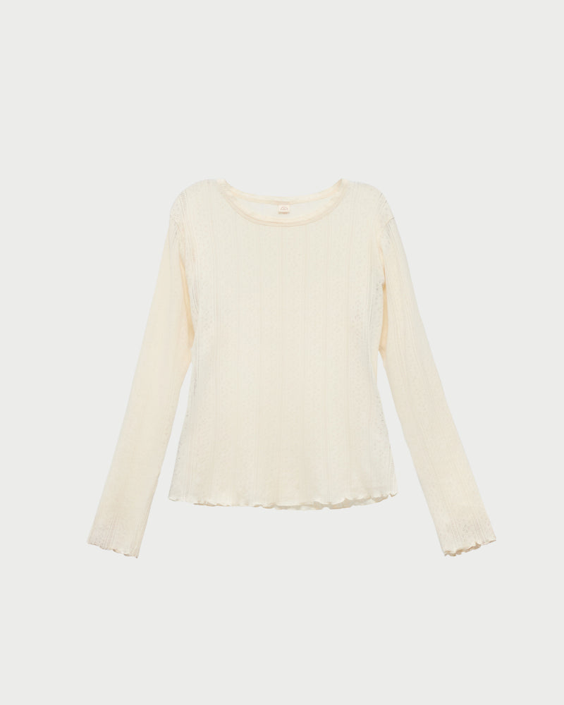Lolo Pointelle Long-Sleeve Tee in cream pointelle fabric.