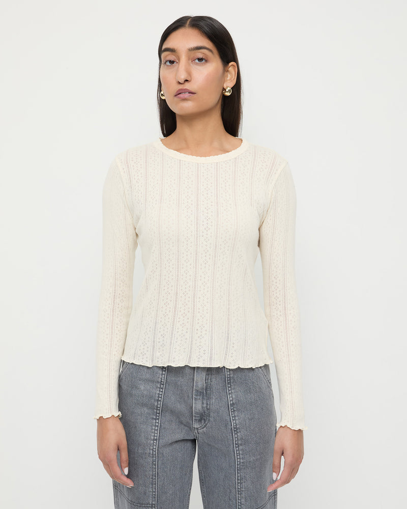 Lolo Pointelle Long-Sleeve Tee in cream pointelle fabric and Molly Workwear Jean in grey denim.