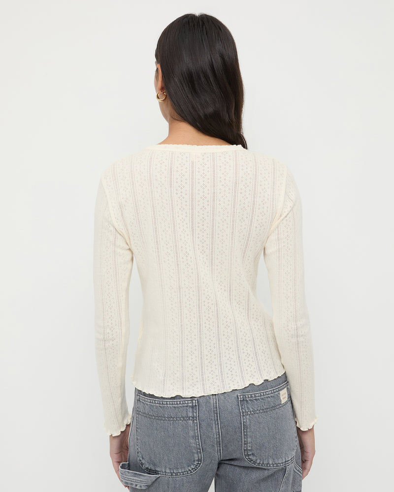 Lolo Pointelle Long-Sleeve Tee in cream pointelle fabric and Molly Workwear Jean in grey denim.