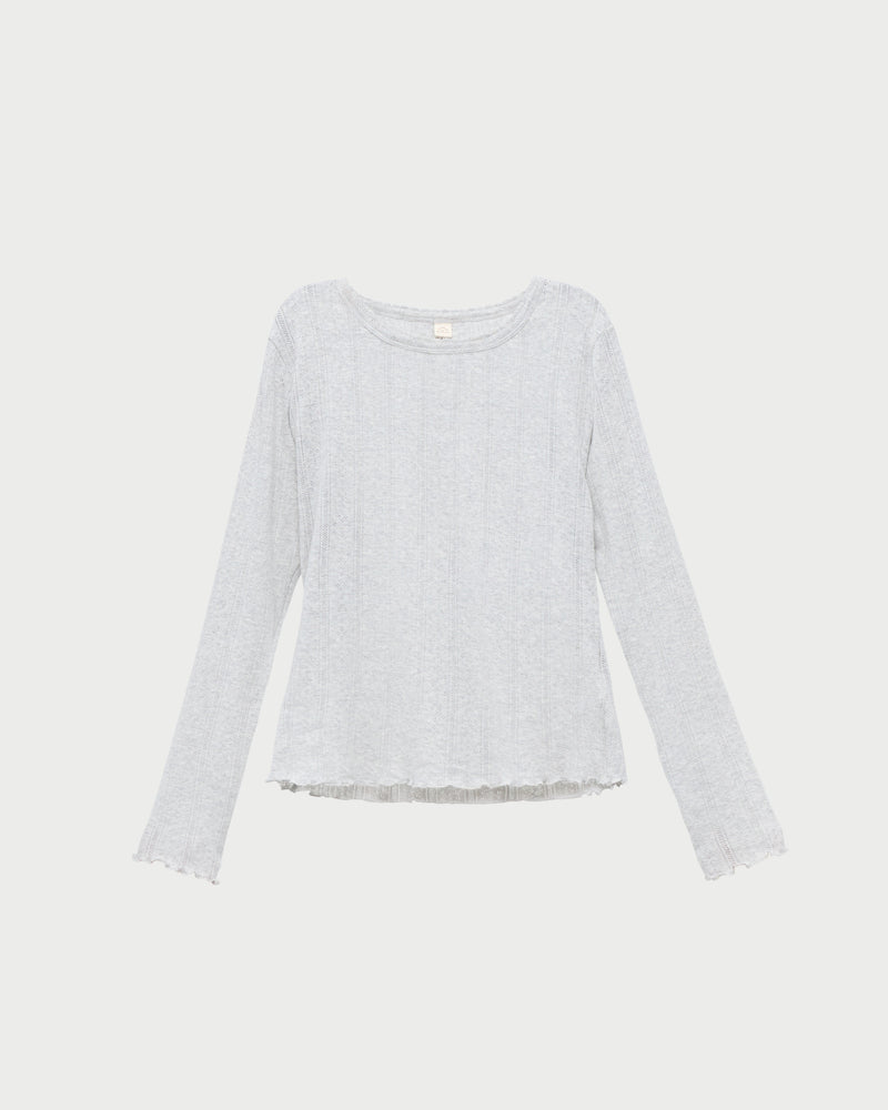 Lolo Pointelle Long-Sleeve Tee in cream pointelle fabric.