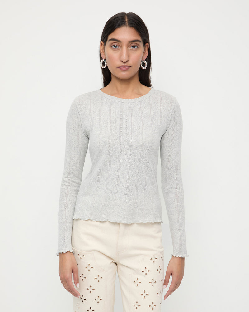 Lolo Pointelle Long-Sleeve Tee in grey pointelle fabric and Demi Embroidered Pant in natural denim.