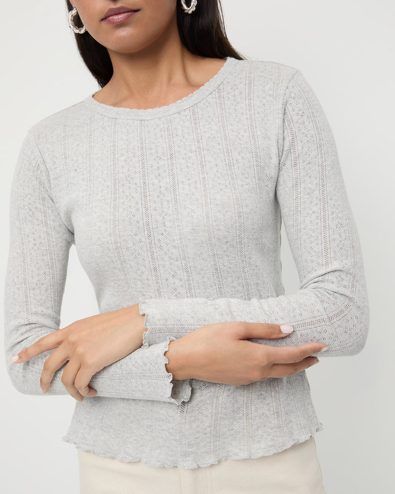Lolo Pointelle Long-Sleeve Tee in grey pointelle fabric.