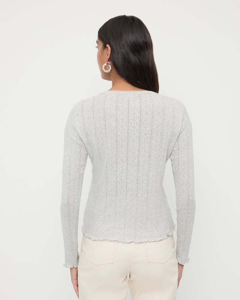 Lolo Pointelle Long-Sleeve Tee in grey pointelle fabric and Demi Embroidered Pant in natural denim.