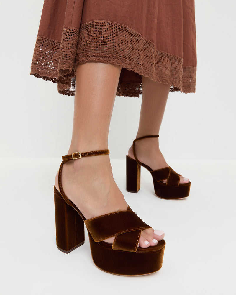 Loretta Brown Velvet Platform Sandal in dark brown velvet and Althea Dress in chestnut.