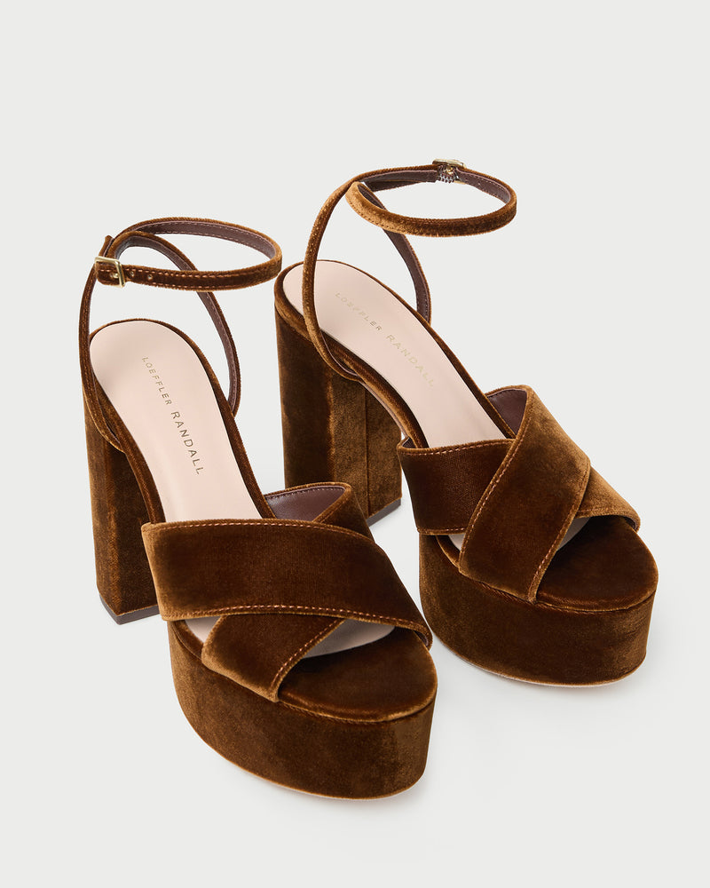 Loretta Brown Velvet Platform Sandal in dark brown velvet.
