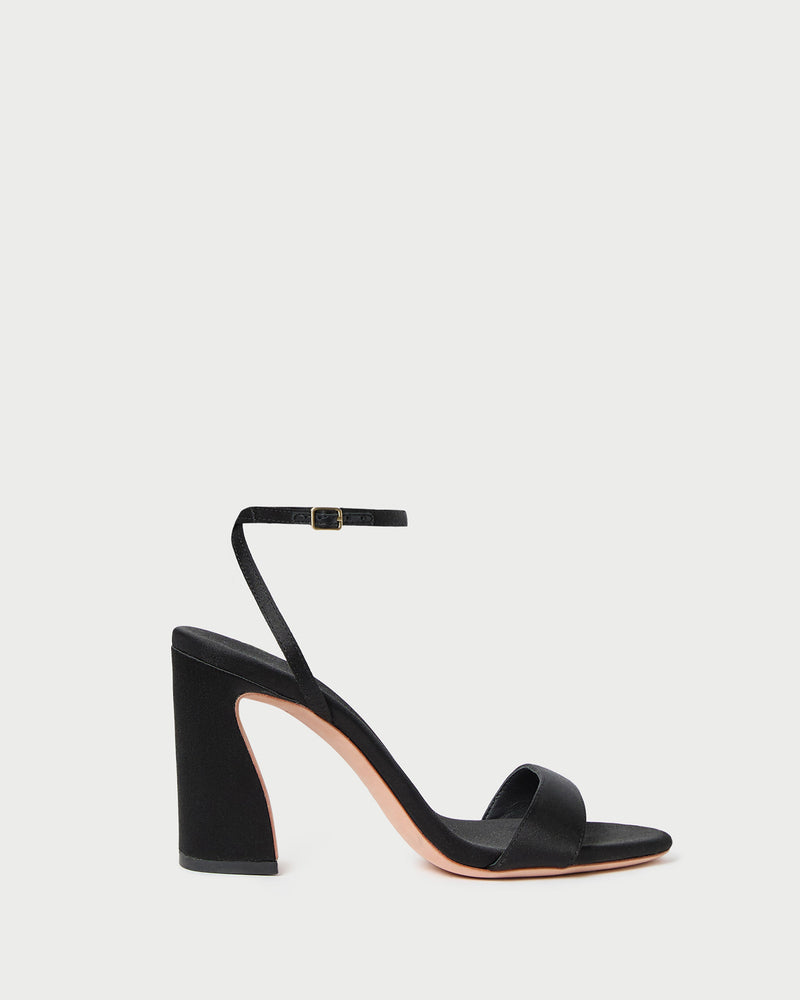 Malia Black Satin Curved-Heel Sandal in black satin.
