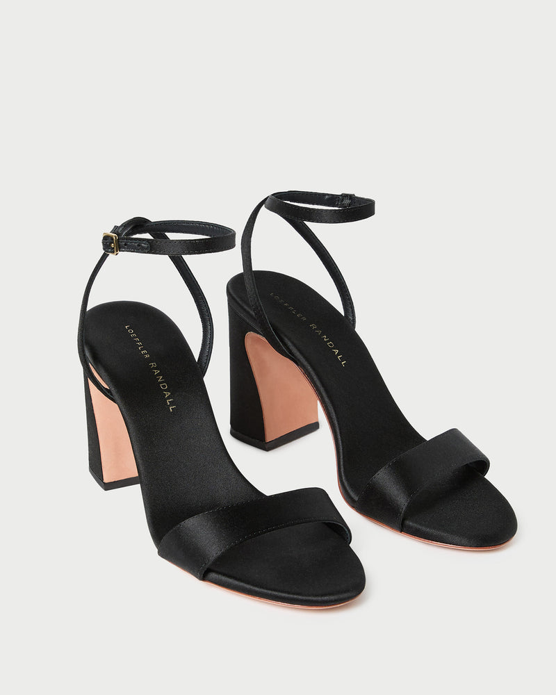 Malia Black Satin Curved-Heel Sandal in black satin.
