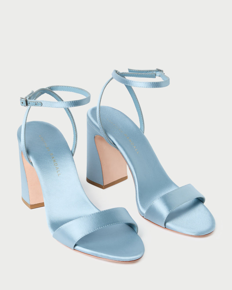 Malia Blue Satin Curved-Heel Sandal in blue Italian satin