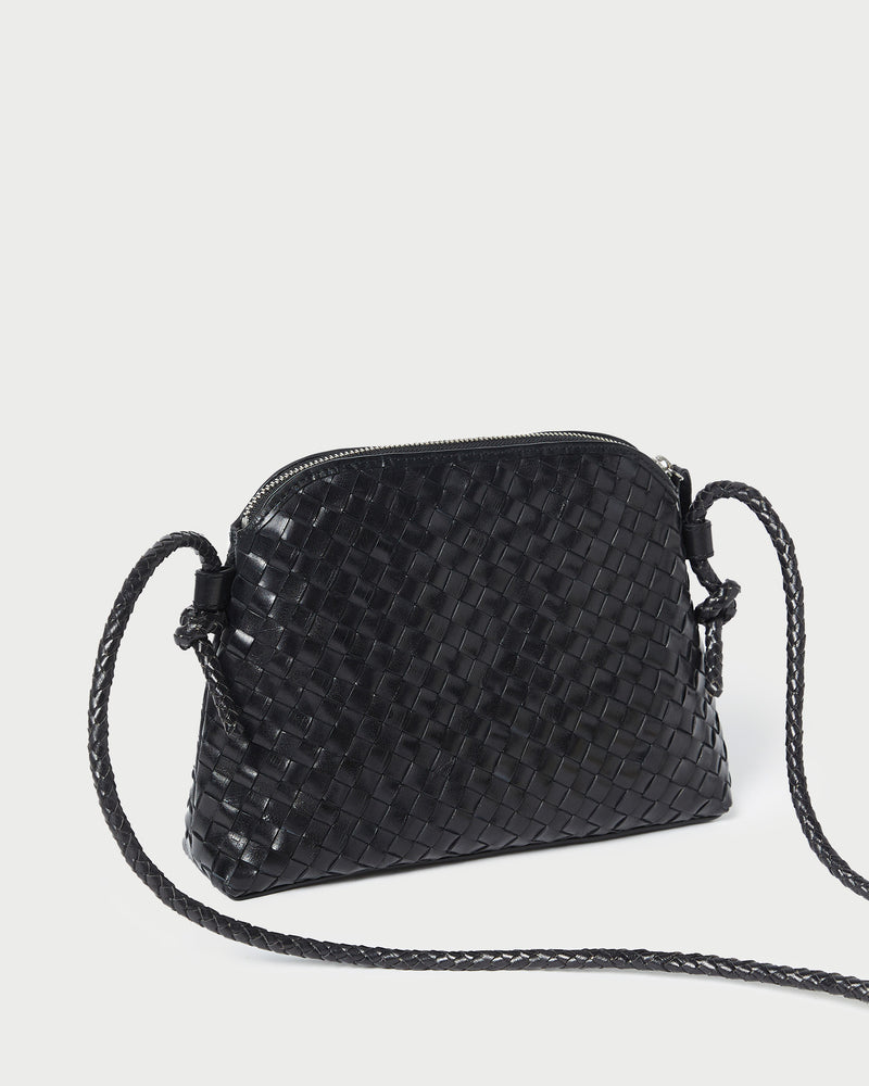 Mallory Black Woven Leather Crossbody in black woven leather.