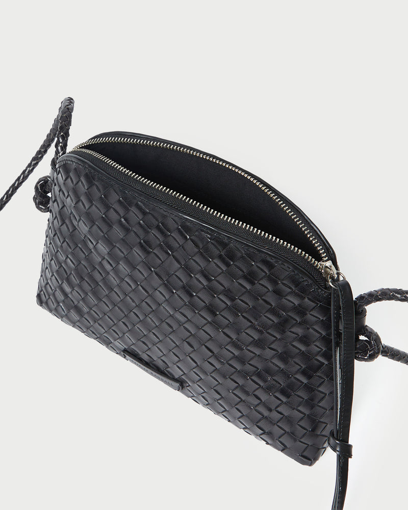 Mallory Black Woven Leather Crossbody in black woven leather.